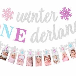 Glitter 'Winter ONEderland' Baby Monthly Photo Banner - Pink, Silver, Blue
